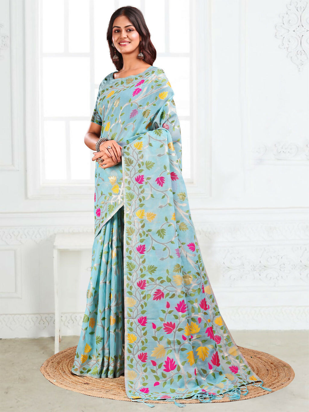 Sky blue linen cotton saree featuring a breathable fabric and elegant drape