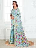 Sky blue linen cotton saree featuring a breathable fabric and elegant drape