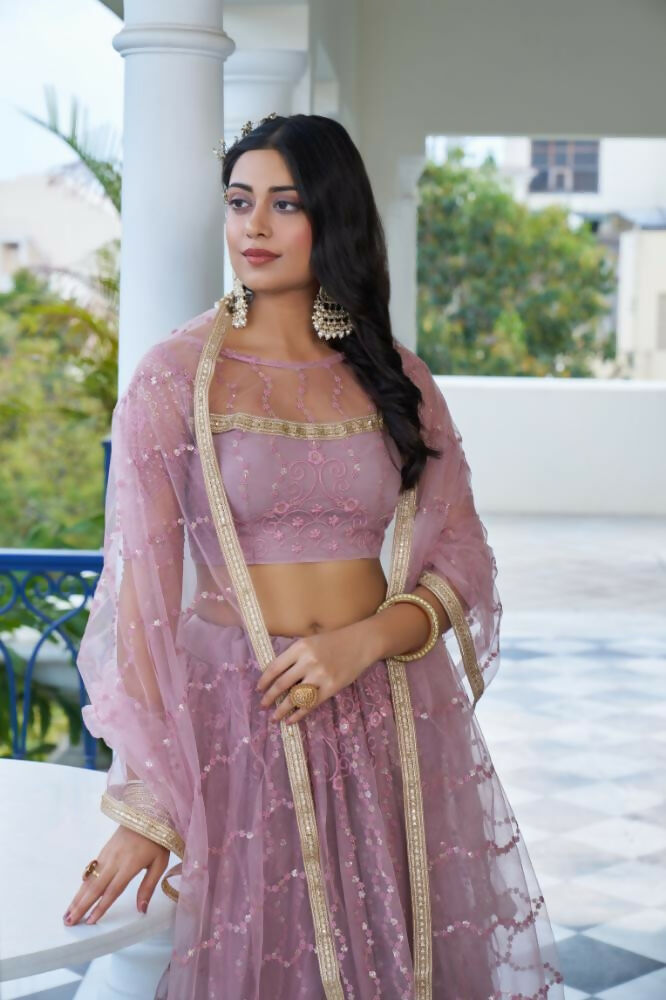 Dusty Pink Butterfly Net Lehenga with Cotton Thread and Sequence Work