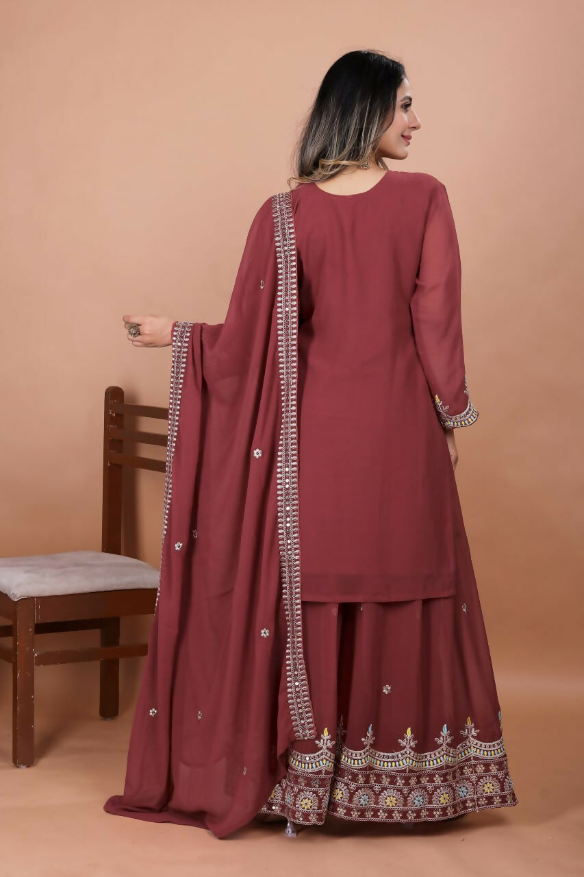 Maroon Georgette Embroidered Sharara Set for Wedding Guest