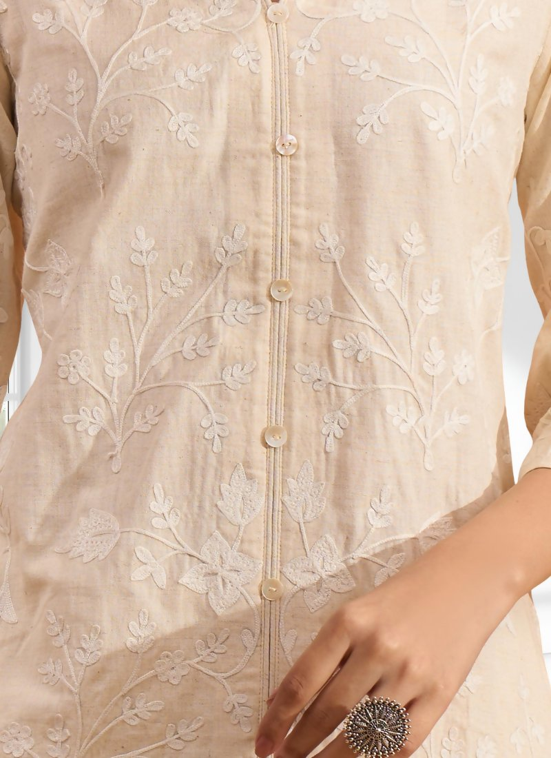 Cream Linen Embroidered Cord Set with Split V-Neck