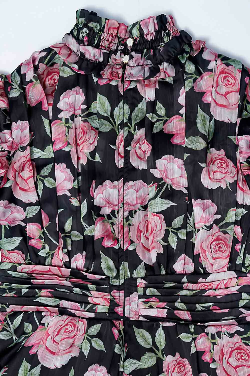 Girls Black Chiffon Maxi Dress - Elegant Flared Shirred Runway Rose