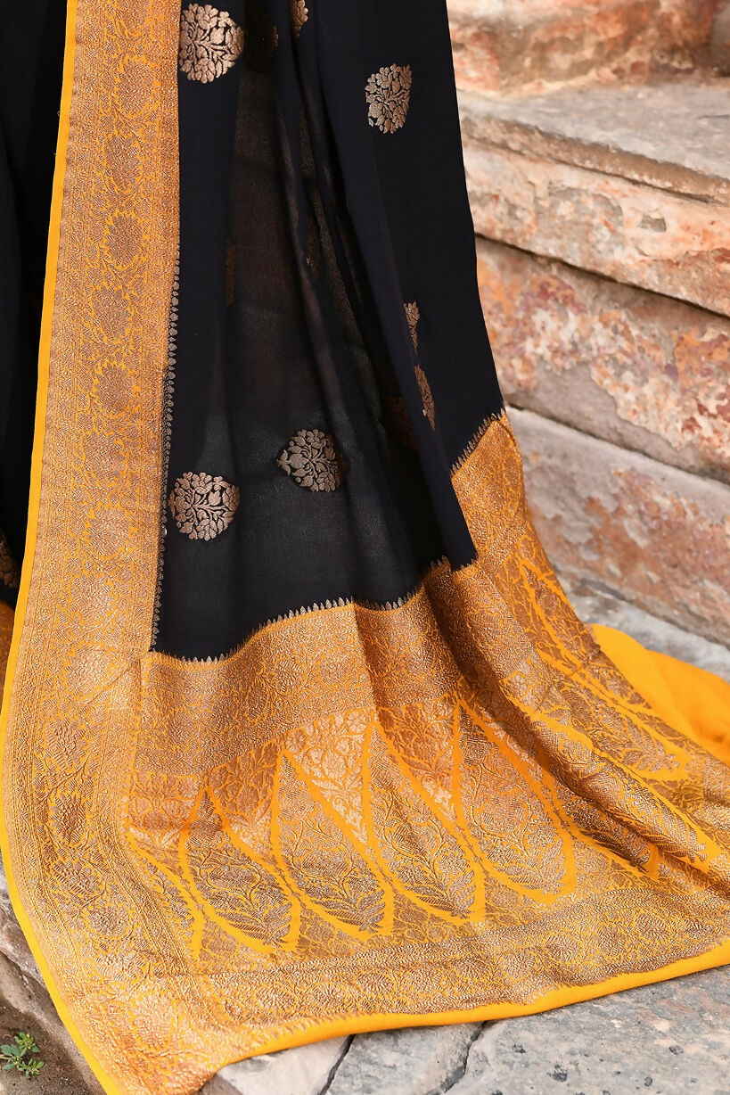 Black Crepe Chiffon Pure Handloom Banarasi Silk Saree