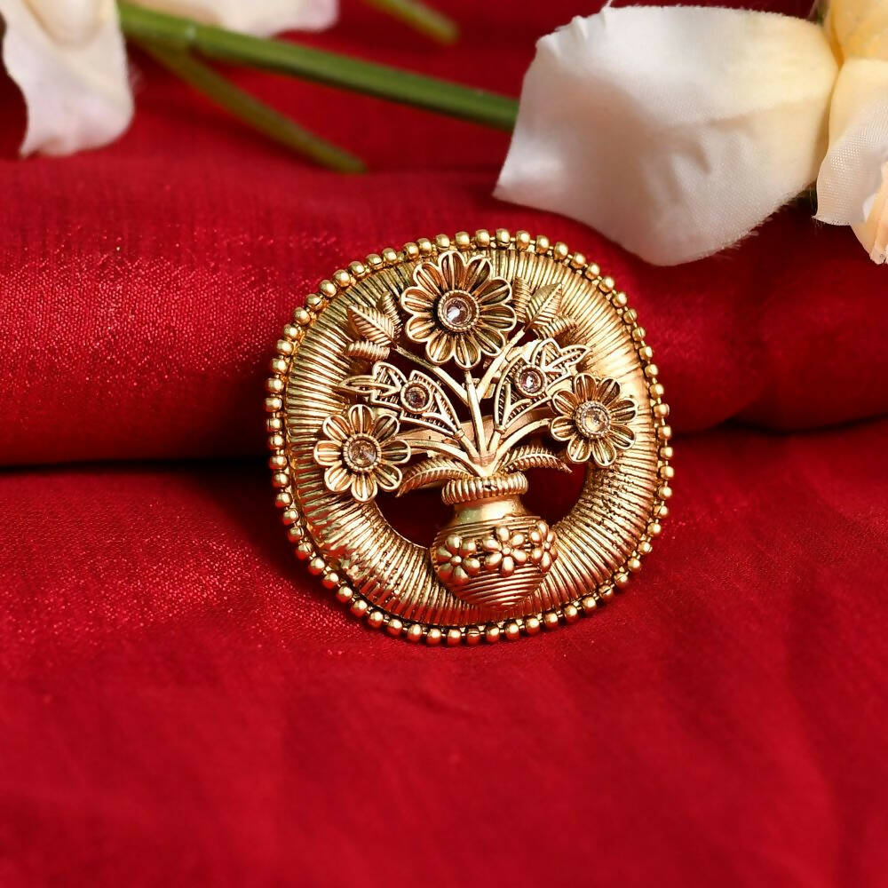 Gold-plated brass adjustable ring featuring decorative stone accents, Design 15