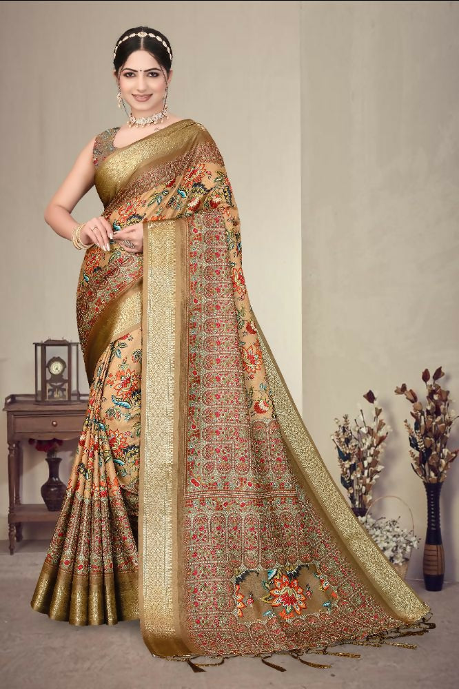 Multi-color heavy cotton silk saree with digital print and jacquard patterns draped elegantly.