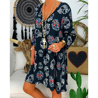 Women's Skull Print Deep V-Neck Long Sleeve Casual Mini Dress - Image 5