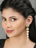 Long style matte gold earrings with green stone details