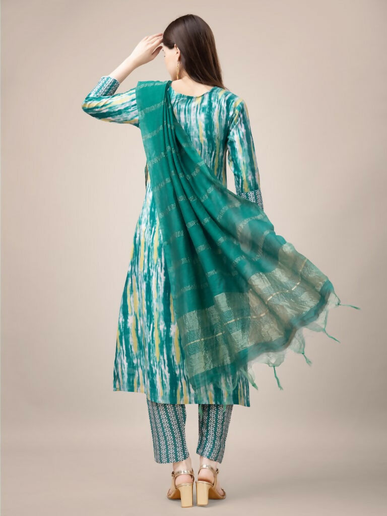Women's Teal Rayon Printed Kurta Set with Embroidery & Lace