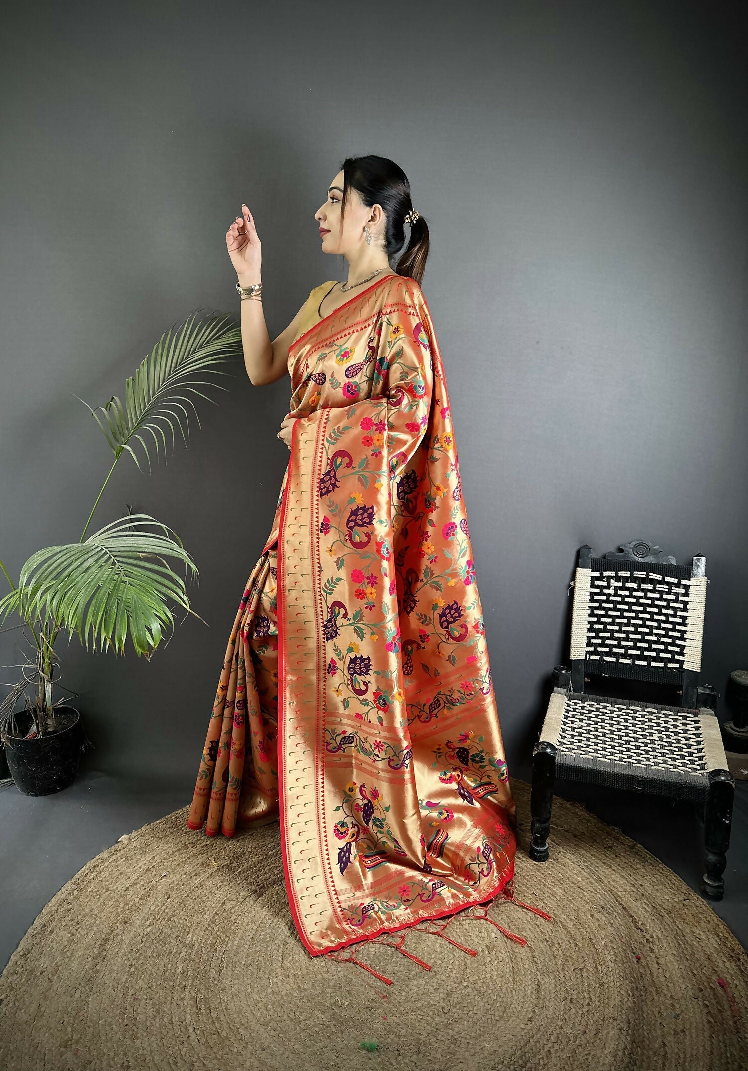 Pastel Red Soft Silk Paithani Saree with Peacock and Floral Motifs