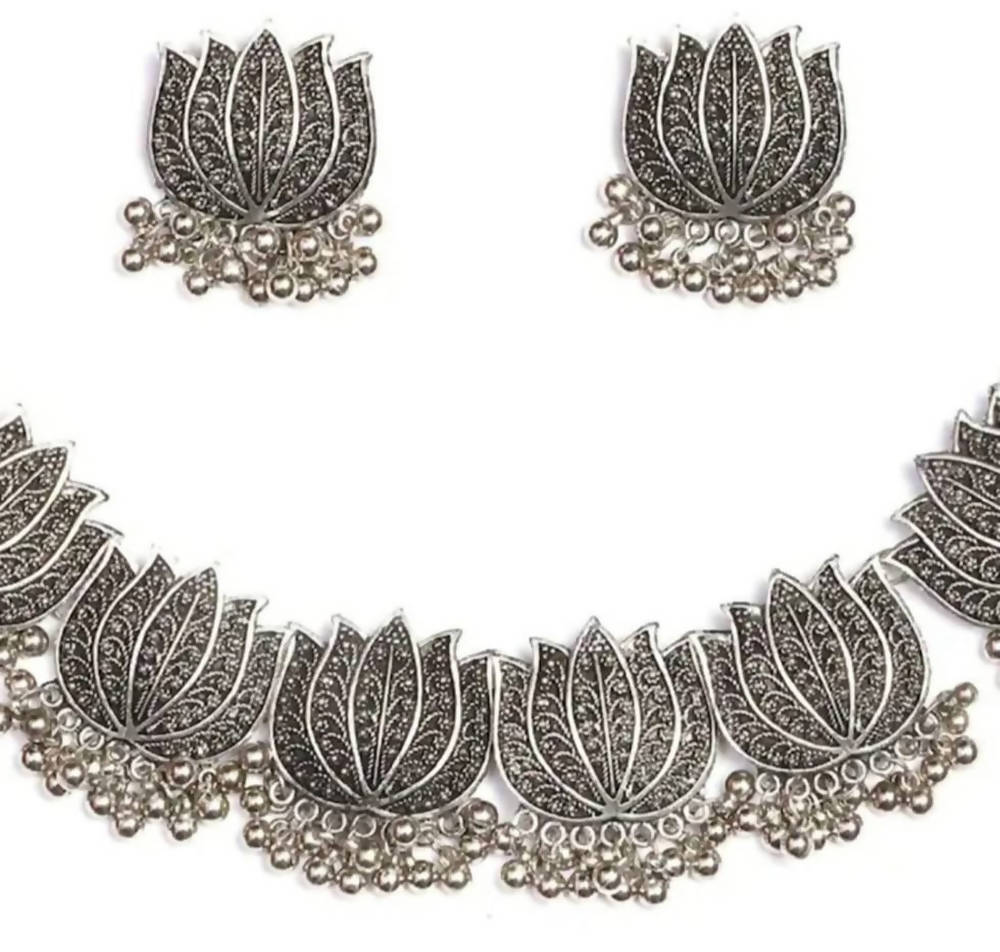 Oxidised Silver Lotus Motif Statement Choker Necklace Set