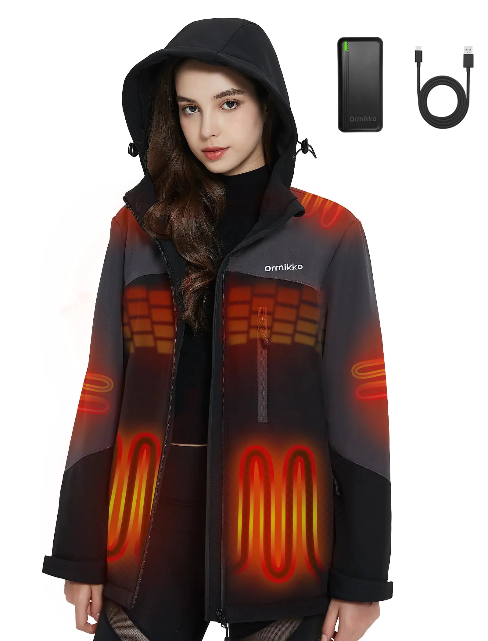 ORRNIKKO Womens Heated Jacket with Battery Pack - 20000mAh 7.4V Rechargeable Winter Work Self Electric Jacket with Hood Outdoor M