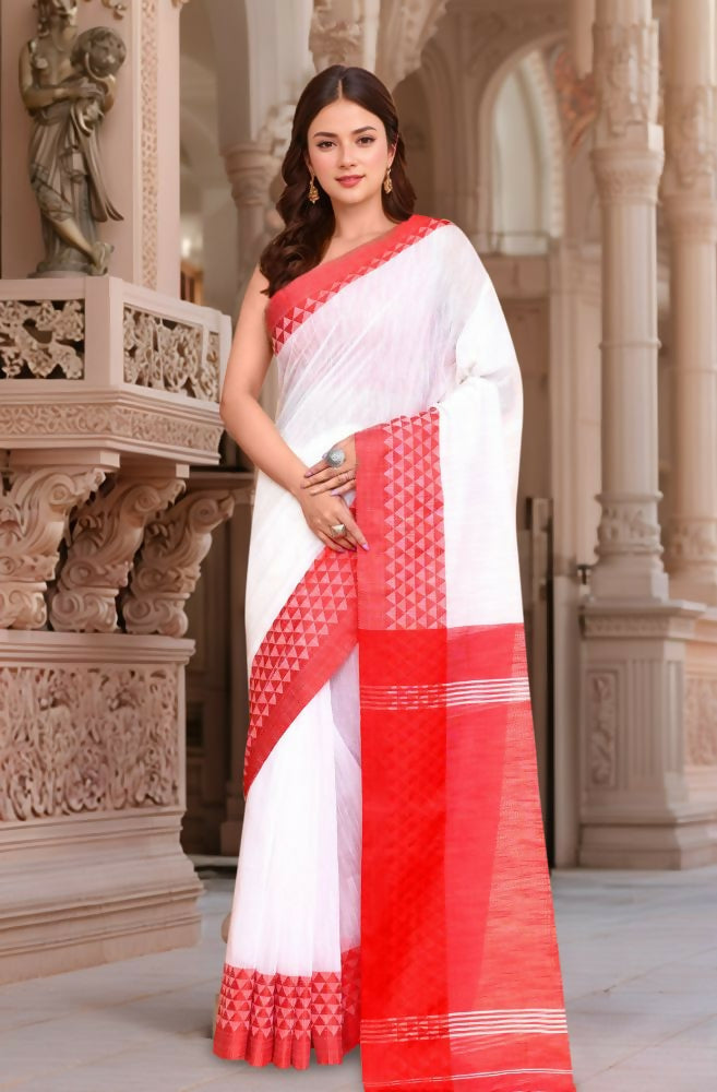 Classic White and Red cotton saree for women, featuring a comfortable and trendy ethnic design
