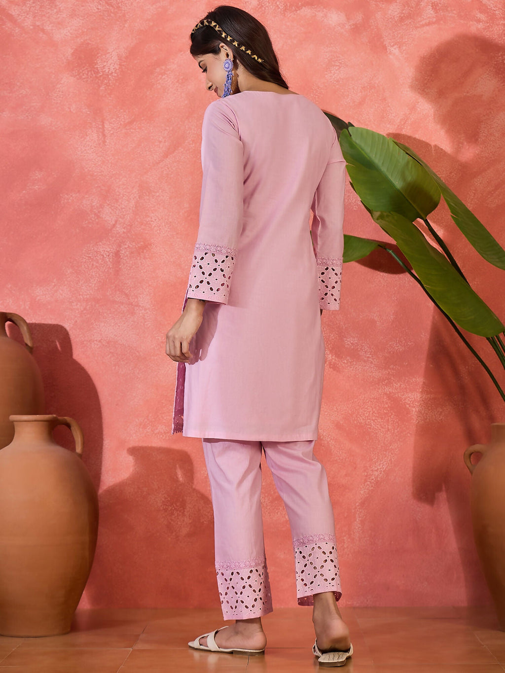 Pink Embroidered Pure Cotton Cord Set with 3/4 Sleeves