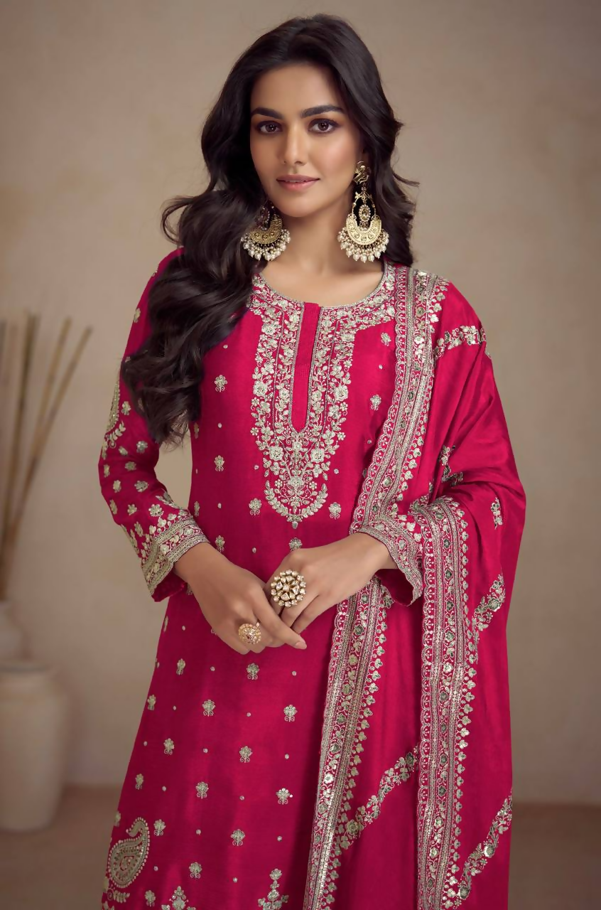 Pink Chinon Embroidered Salwar Kameez with Sequin Work - Stitched
