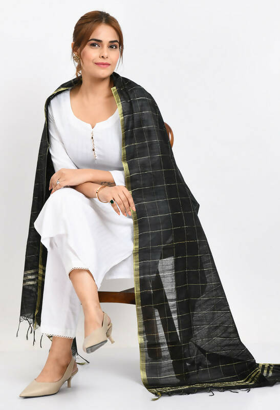 Black Cotton Zari Box Pattern Dupatta with Gold Accents