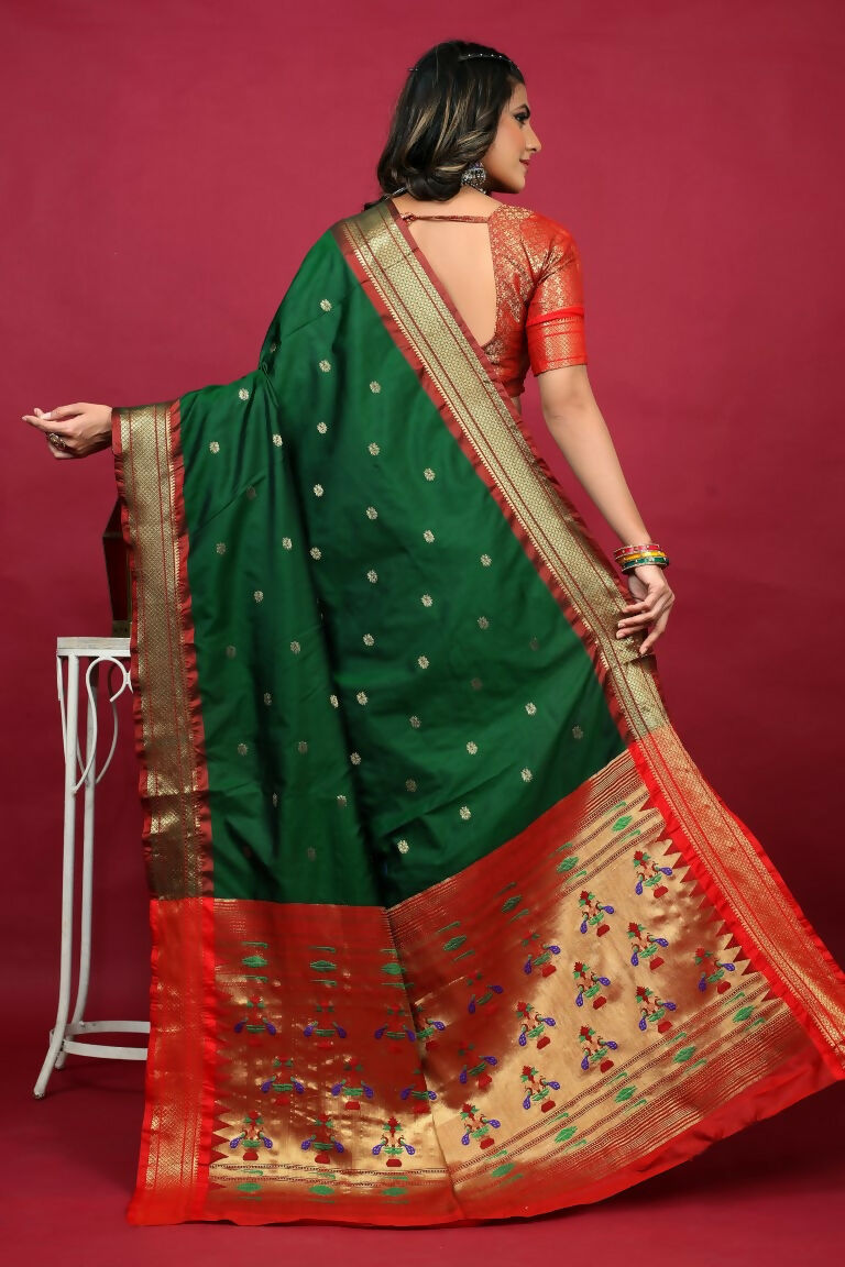 Bottle Green Paithani Silk Saree with Contrasting Red Blouse