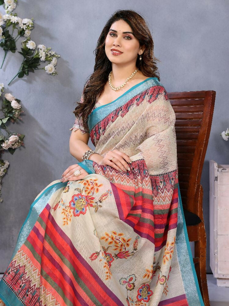Cream Handloom Linen Cotton Saree for Everyday Elegance