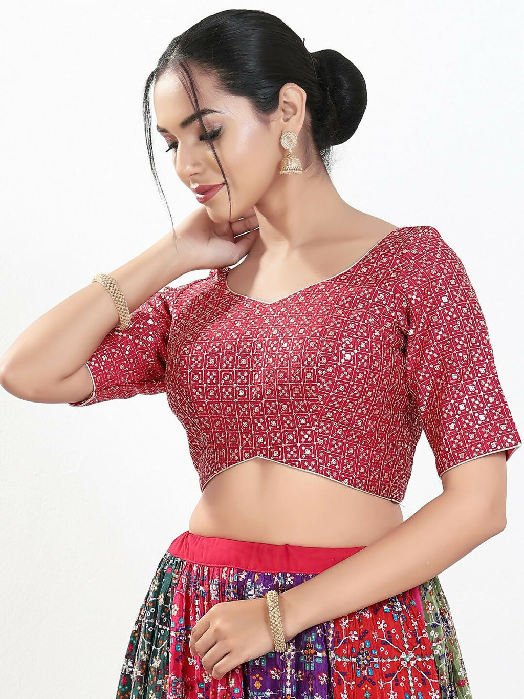 Pink Silk Padded Blouse with Sweetheart Neck and Elbow Sleeves