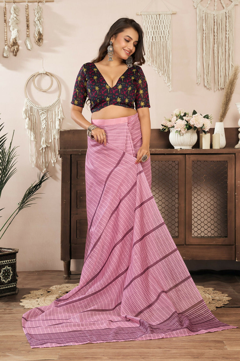 Coral Pink Paisley & Geometric Linen Ready To Wear Saree