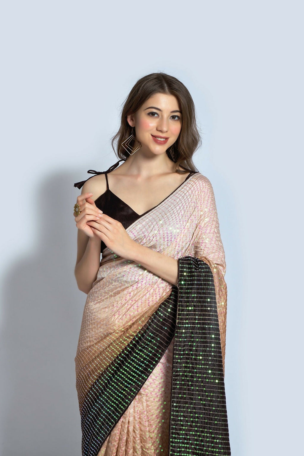 Cream Vichitra Silk Embroidered Party Wear Saree