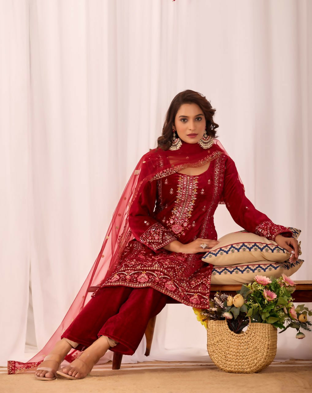 Red Velvet Embroidered Sequence Work Readymade Kurta Set