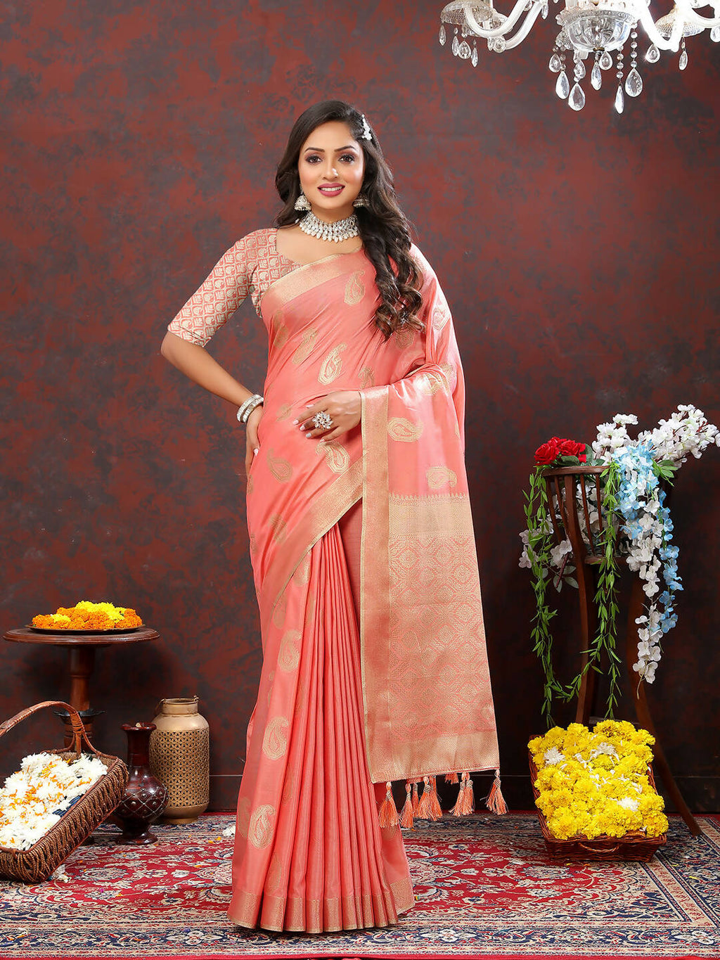 Lorenvalley Fashion Peach Cotton Woven Design with Zari Weaving Design Saree