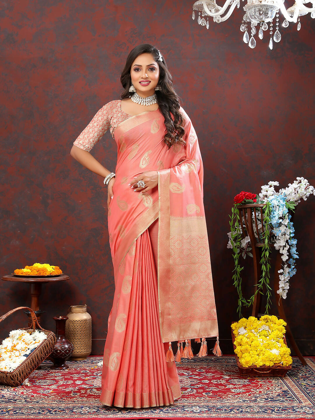 Lorenvalley Fashion Peach Cotton Woven Design with Zari Weaving Design Saree