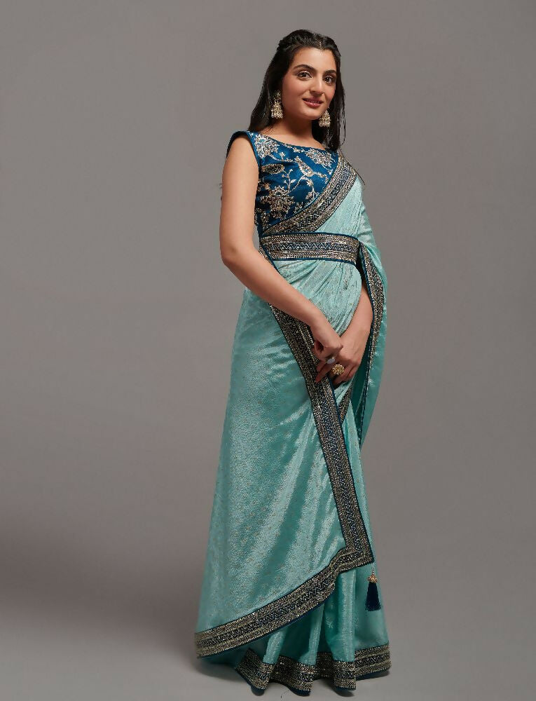 Sky Chinon Saree with Embroidery Lace and Matching Blouse