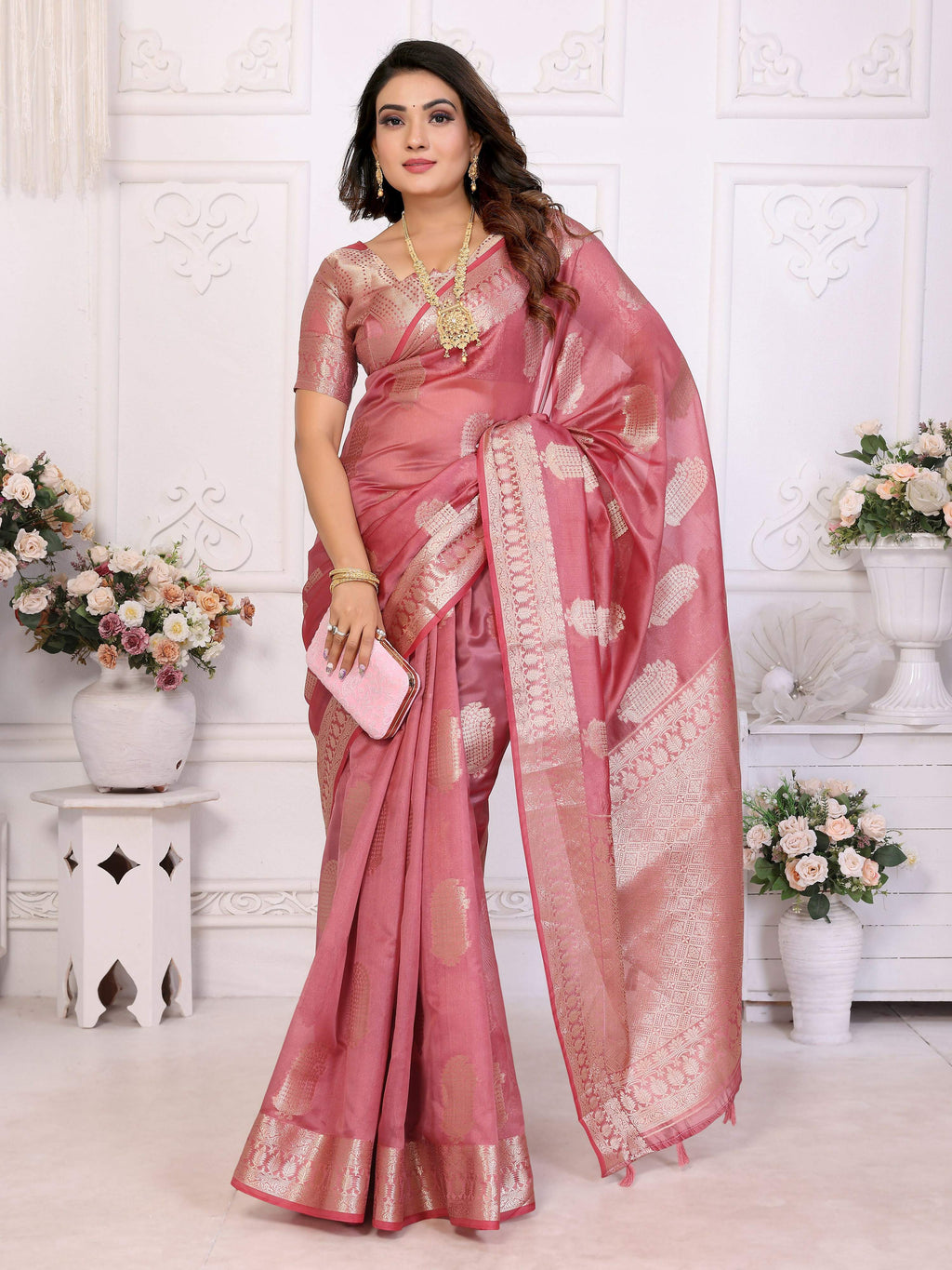 Dusty Rose Soft Organza Silk Saree with Intricate Weaving