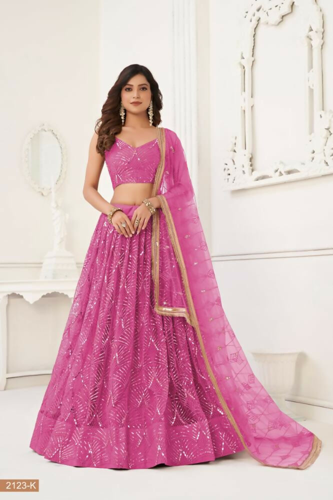 Pink Butterfly Net Wedding Lehenga Choli with Mirror Work