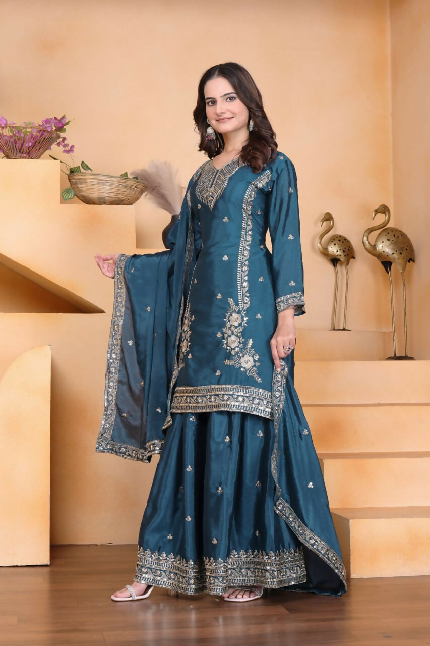 Teal Crepe Embroidered Sharara Set - Festive Kurti Outfit