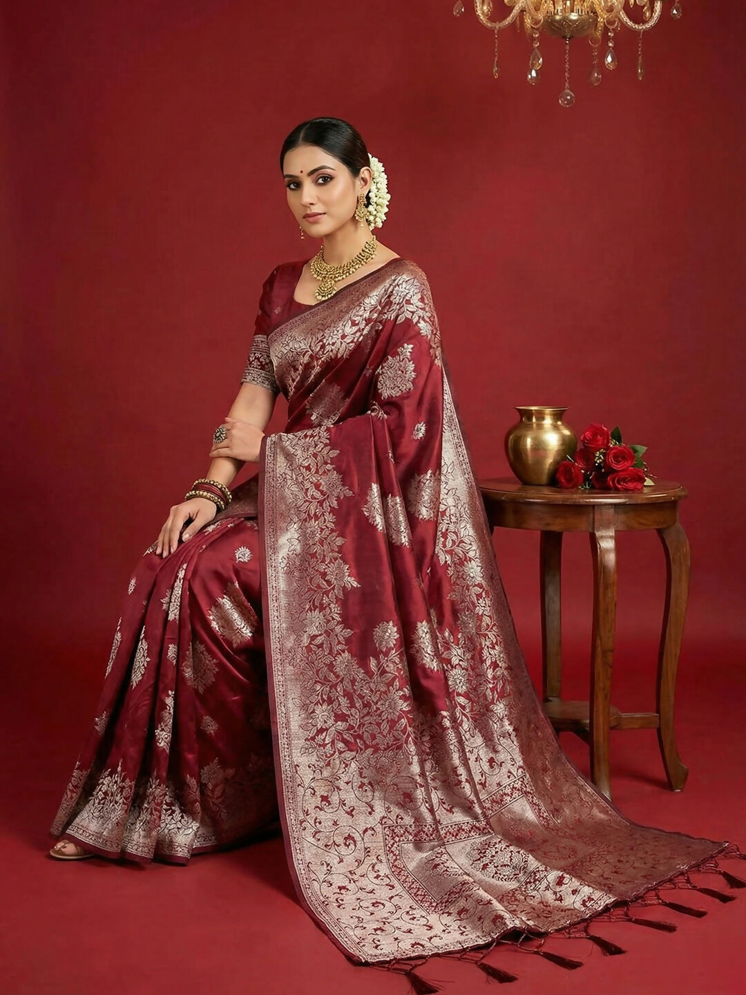 Maroon Silk Blend Saree with Matching Blouse Piece