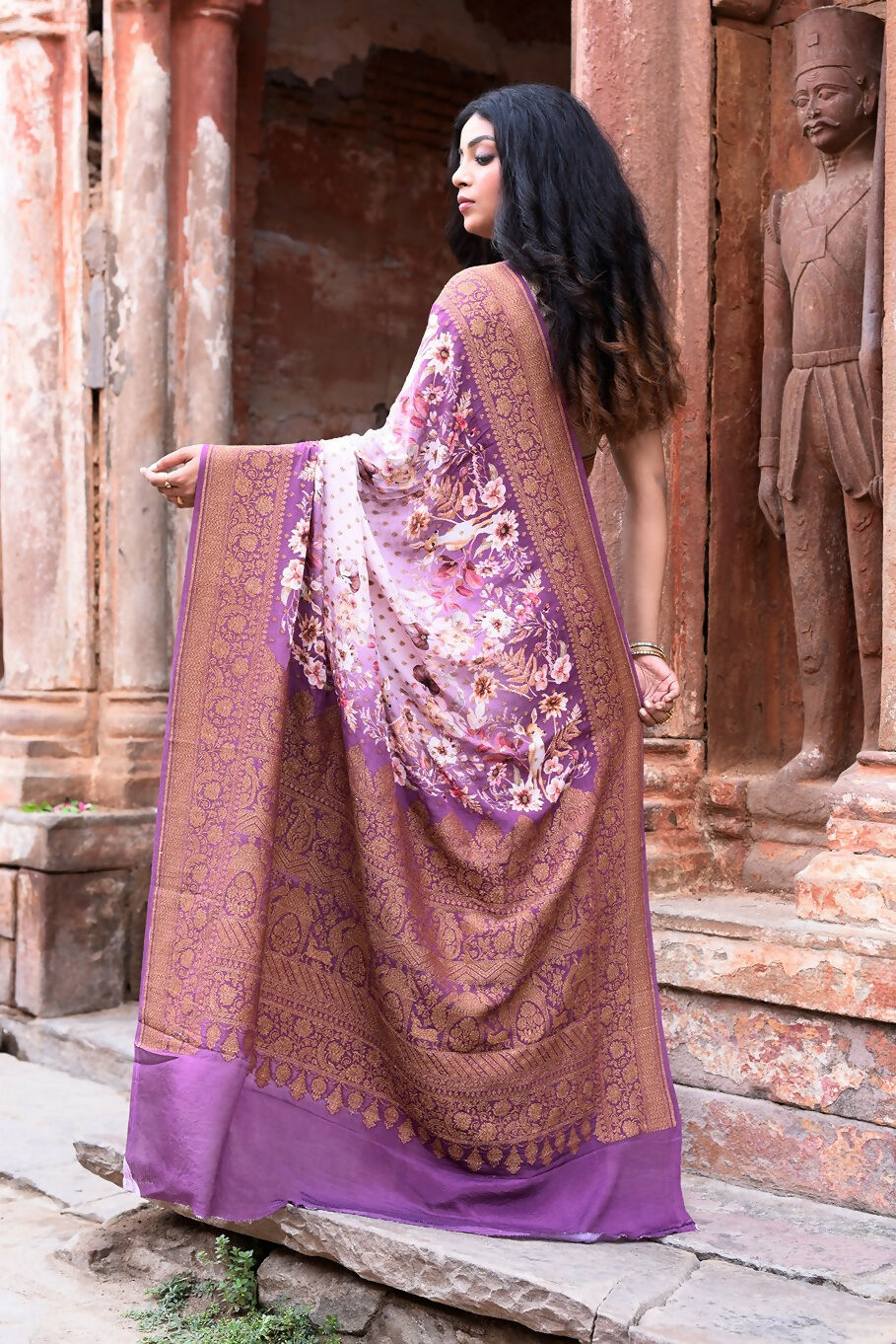Dark and Light Lilac Crepe Chiffon Banarasi Silk Saree