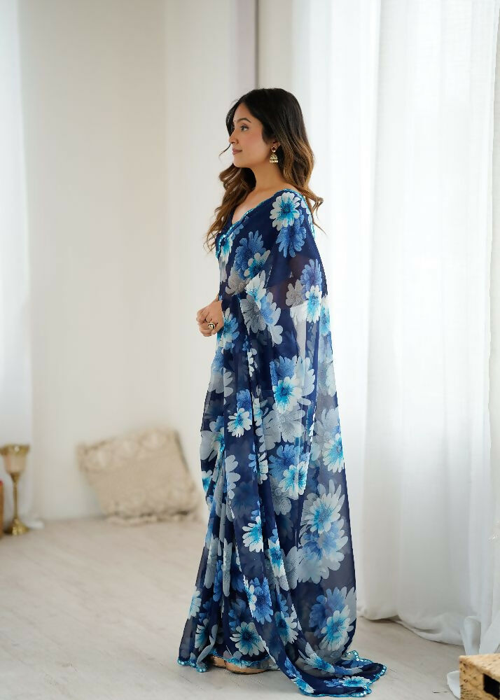 Blue Georgette Saree with Mirror Work and Matching Blouse