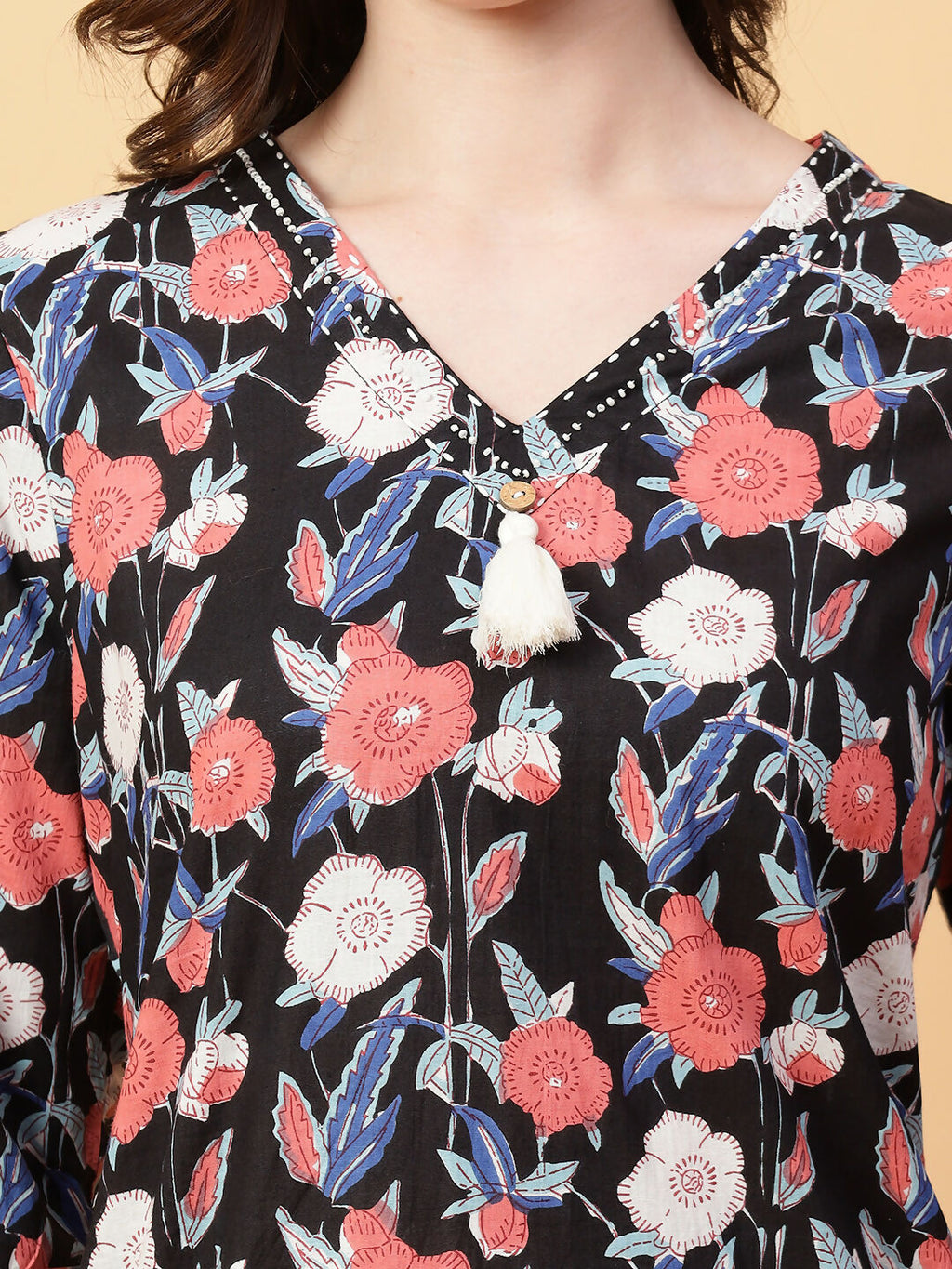 Black Cotton Printed Co-ord Set with Hand-Worked Detailing