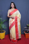 Red linen silk saree with digital print patterns and an elegant jacquard border