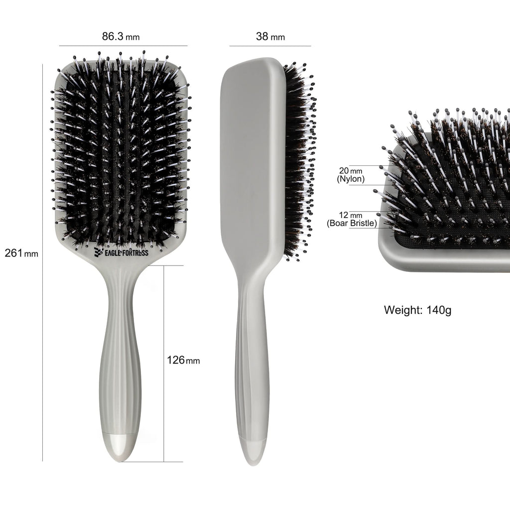 Professional Boar Bristle Paddle Brush for Detangling - Grey