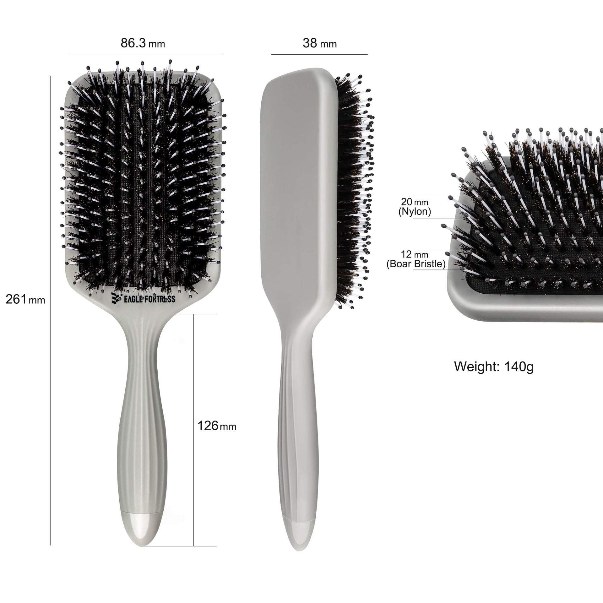 Professional Boar Bristle Paddle Brush for Detangling - Grey