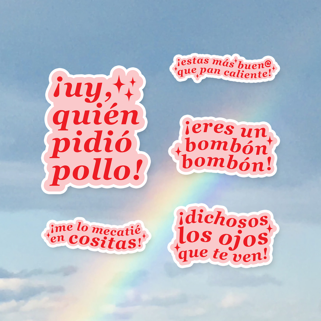 Colorful text stickers with Spanish phrases on a blue sky background with a rainbow.