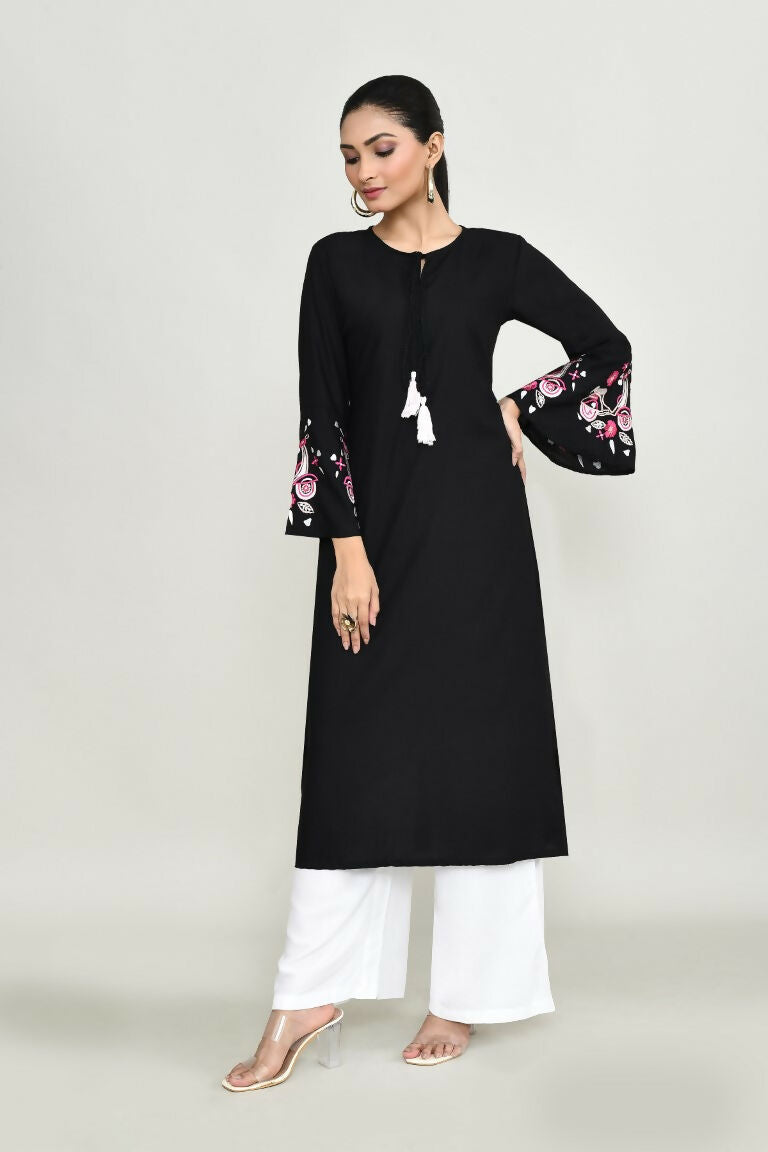 Black Embroidered Rayon Tunic for Women