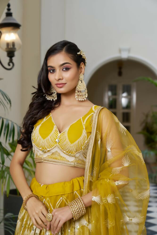 Mustard Yellow Butterfly Net Lehenga with Cotton Thread Embroidery