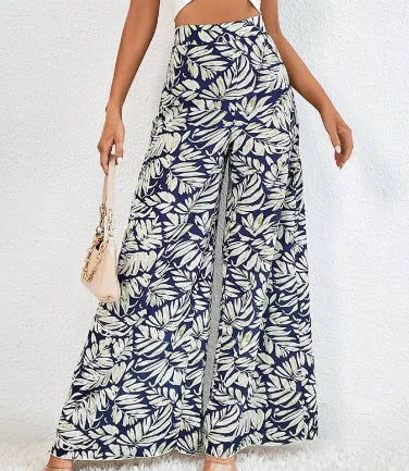 Women High Waist Wide Leg Tropical Print Chiffon Summer Pants - Image 4
