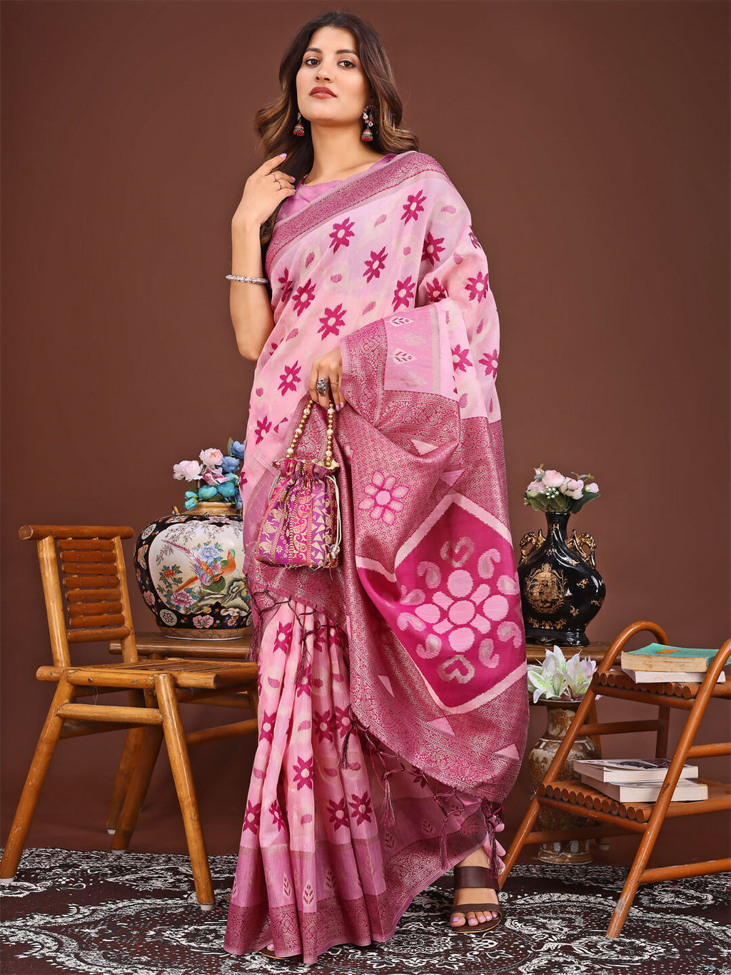 Sajni Pink Linen Cotton Saree with Matching Blouse Piece