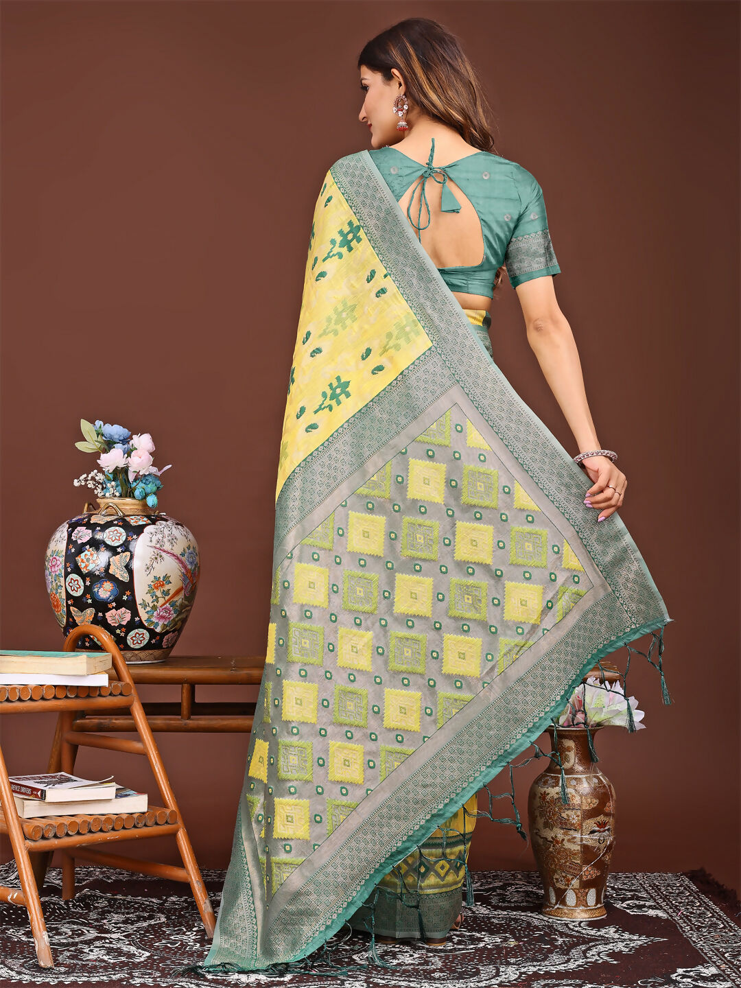 Women's Yellow Linen Cotton Saree with Green Blouse