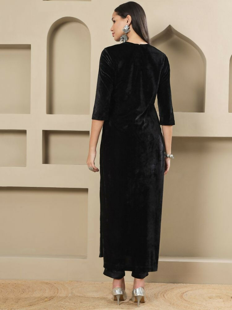Black Velvet Kurta Set with Intricate Hand Embellishments