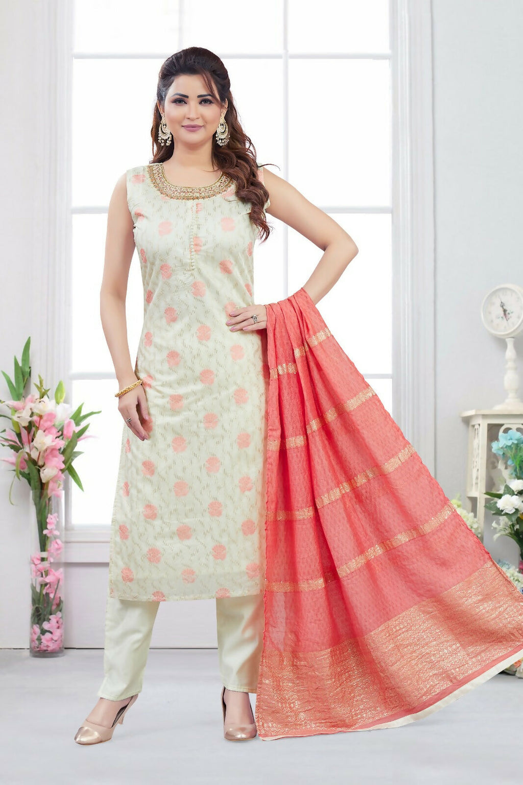 Cream Jacquard Kurta Set with Peach Dupatta - 3-Piece Ethnic Set