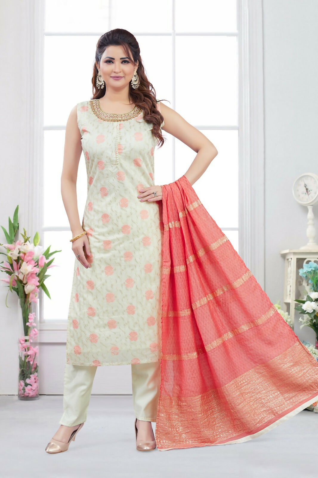 Cream Jacquard Kurta Set with Peach Dupatta - 3-Piece Ethnic Set