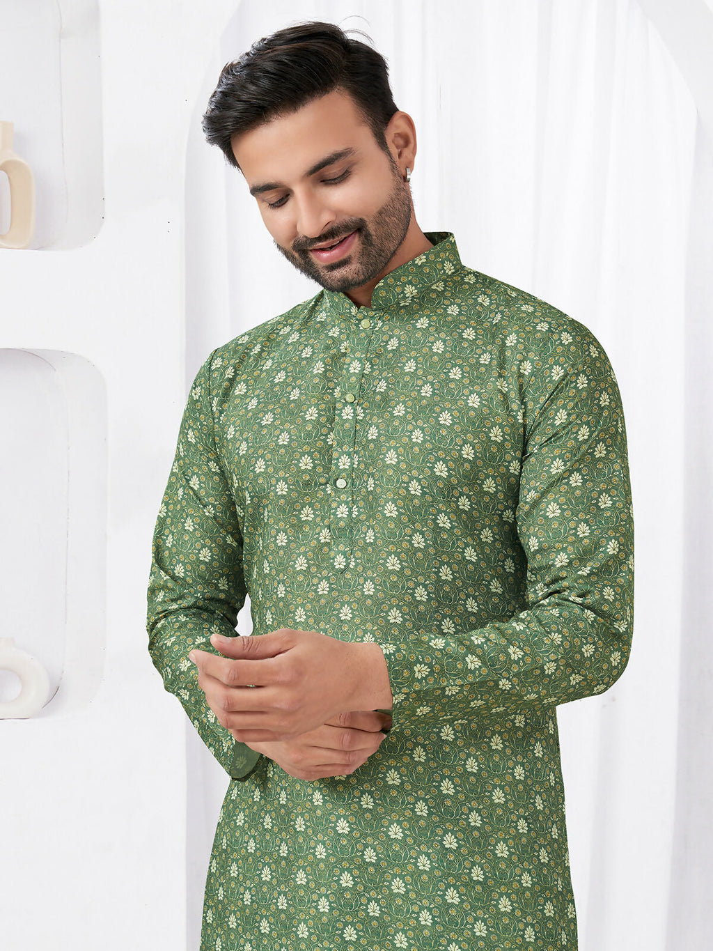 Green Rayon Cotton Printed Kurta Pyjama Set for Boys