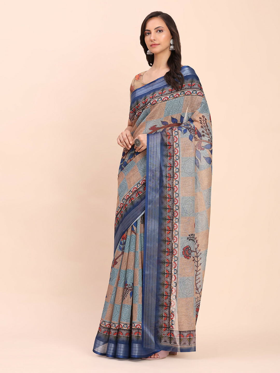 Cream Linen Cotton Saree with Matching Blouse Piece