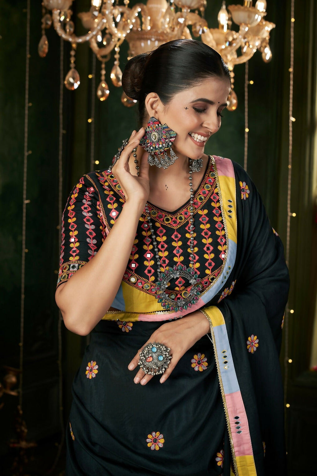 Vibrant maslin cotton Navratri lehenga choli with multi-colored patterns